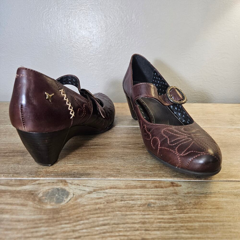 PIKOLINOS Brown Leather Embroidered Mary Jane Wedge Heels EU 38 US 7.5 Y2K Boho